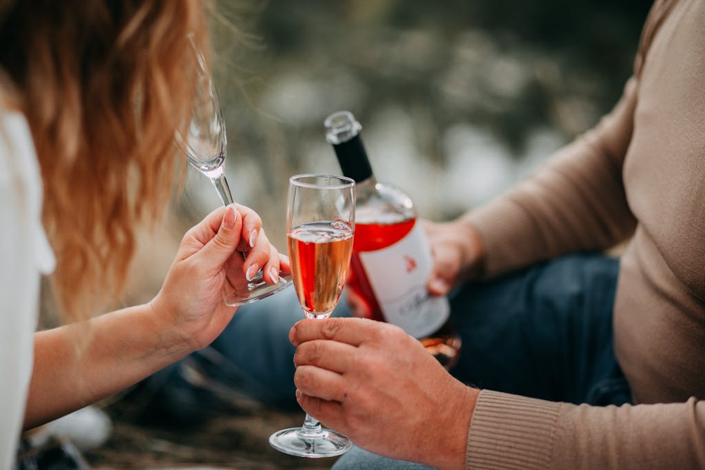 Couple enjoying a romantic outdoor picnic with rose wine, celebrating togetherness.